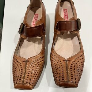 PIKOLINOS Leather Die Cut Mary Jane Brown Wedge Shoes